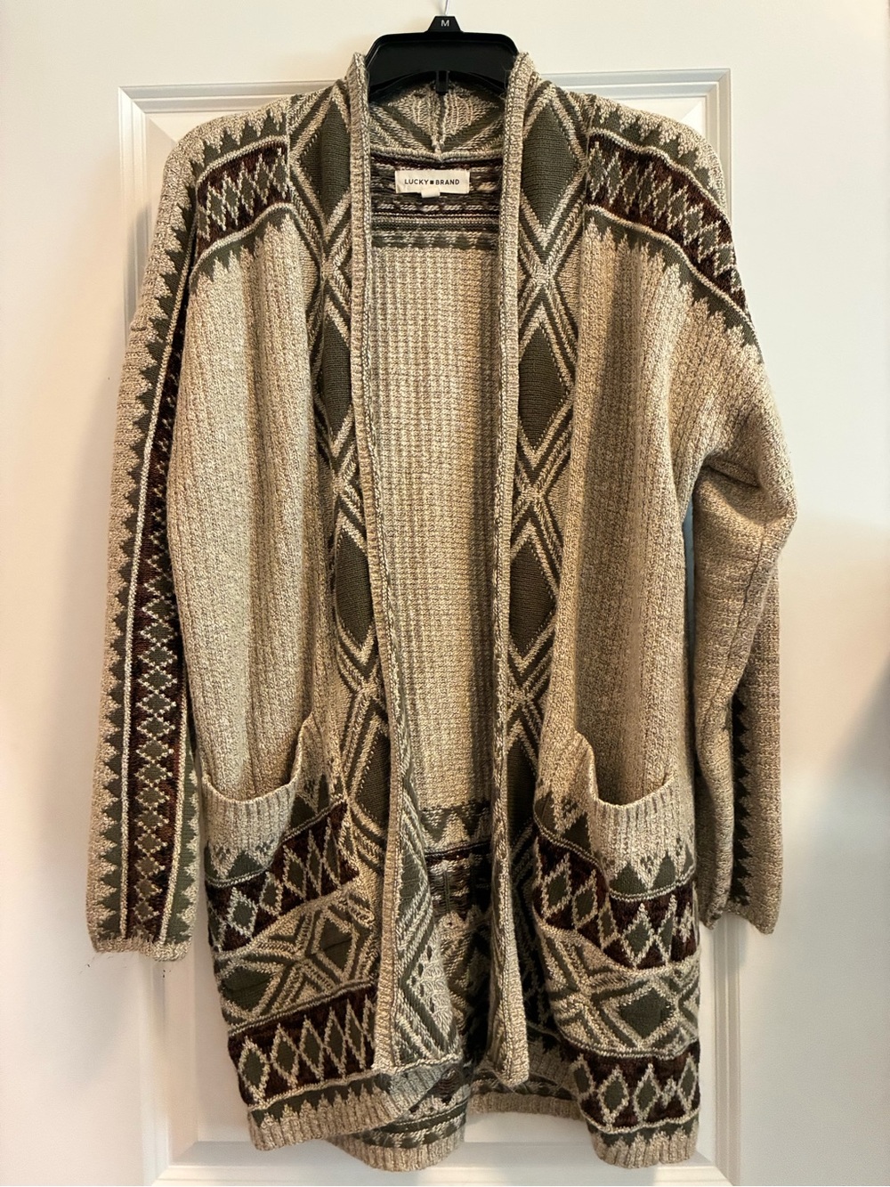 Lucky Brand Cream, Olive & Brown Open-Front Knit Cardigan